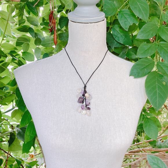 VTG Pendant Necklace 17" Gemstone Amethyst Rose Quartz Freshwater Pearl Cluster - Picture 2 of 14